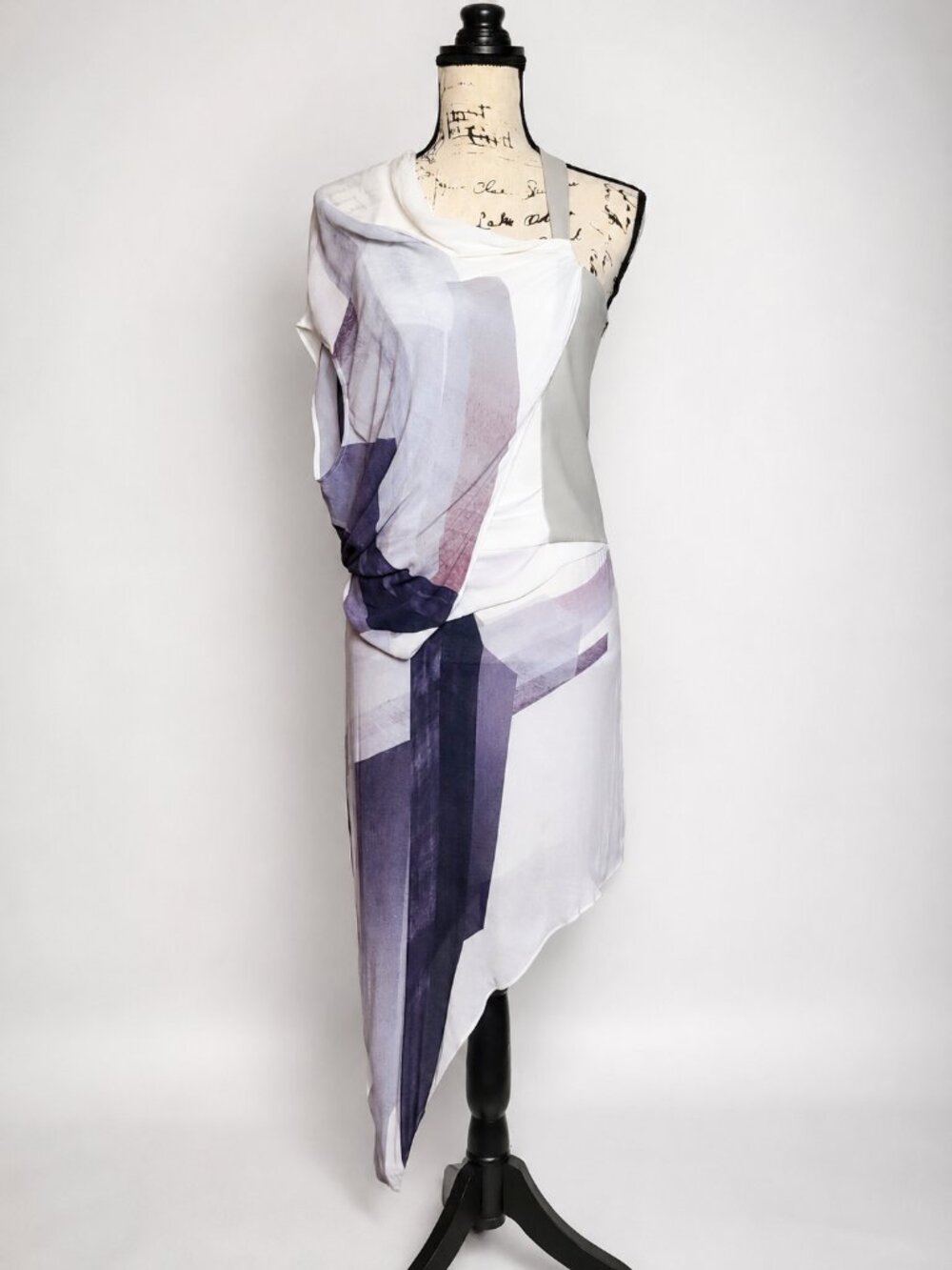 Helmut Lang Asymmetrical One-Shoulder Draped Dress w/ Leather Trim Size 4